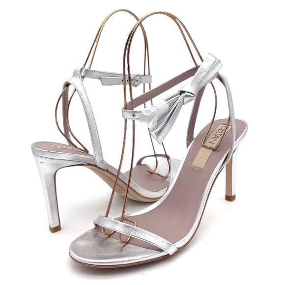 Deltan Miranda Leather Ankle Bow Strappy Dress Sandals Metallic Silver Size 9.5 - Picture 2 of 15